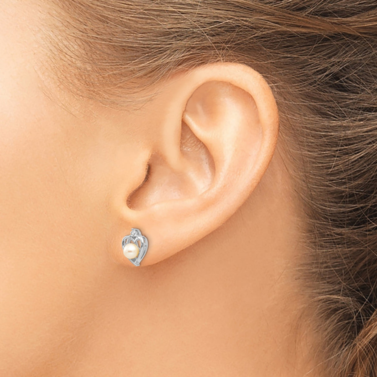 14k White Gold Heart Stud Earrings with Cultured Pearl and Diamond Accent