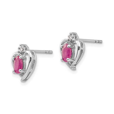 14k White Gold Heart Stud Earrings with Ruby and Diamond Accent