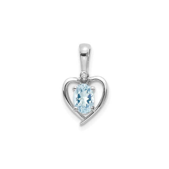 14k White Gold Heart Pendant with Oval Aquamarine and Diamond Accent