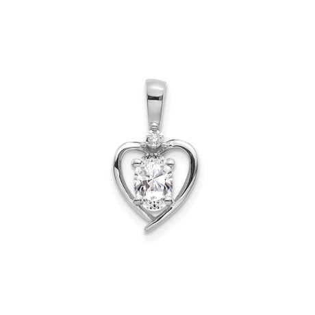 14k White Gold Heart Pendant with Oval Cut Cubic Zirconia and Diamond Accent