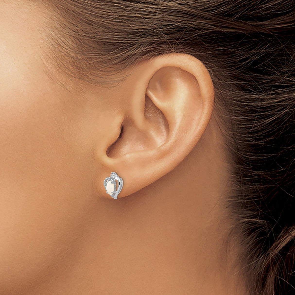 14k White Gold Heart Stud Earrings with Oval Opal and Diamond Accent