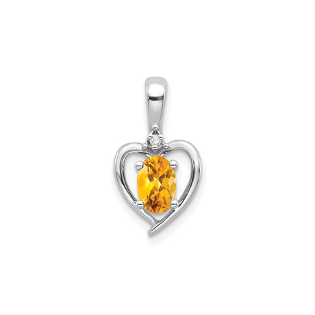 14k White Gold Heart Pendant with Citrine and Diamond Accent, Romantic Jewelry for Women