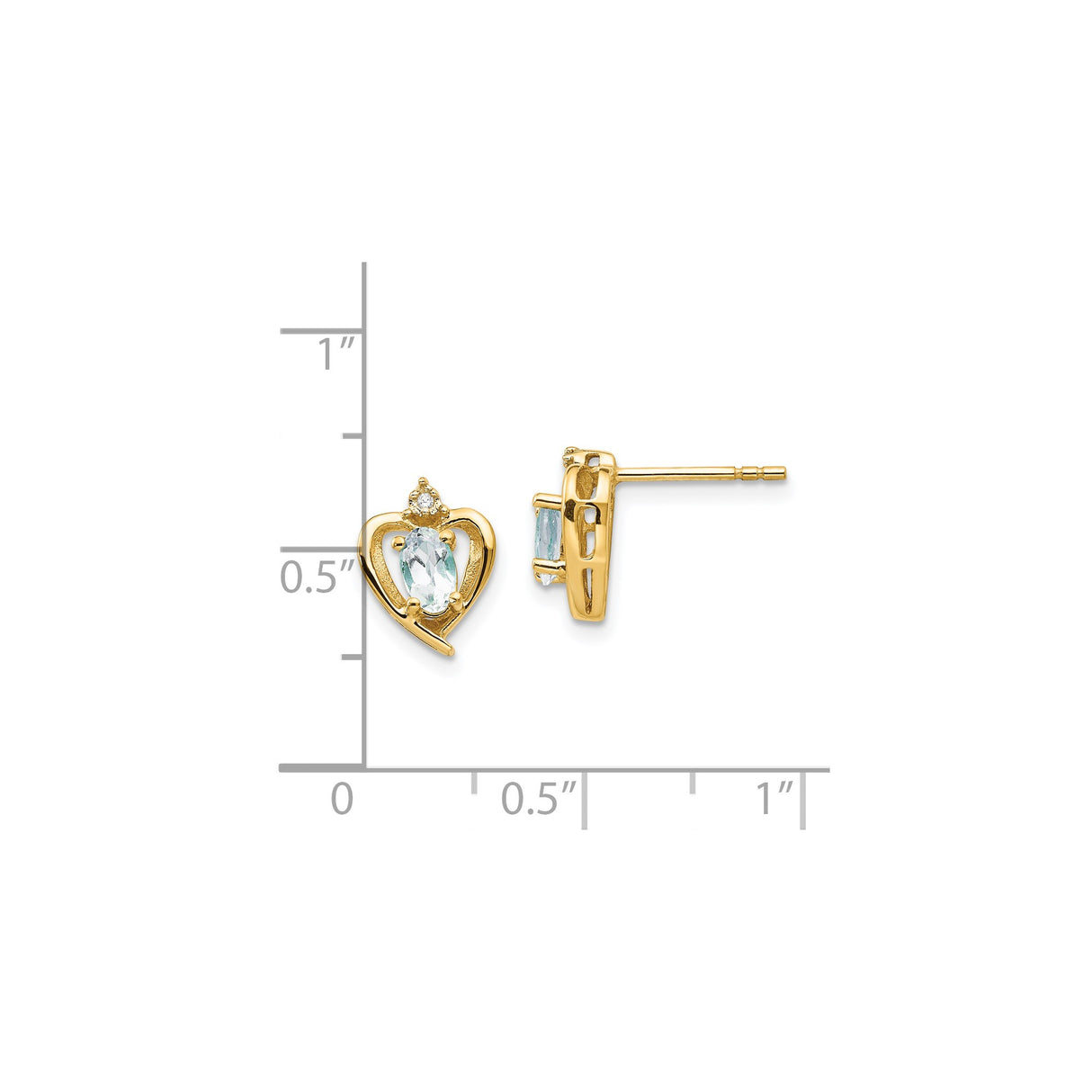 14k Yellow Gold Heart Stud Earrings with Oval Aquamarine and Diamond Accents