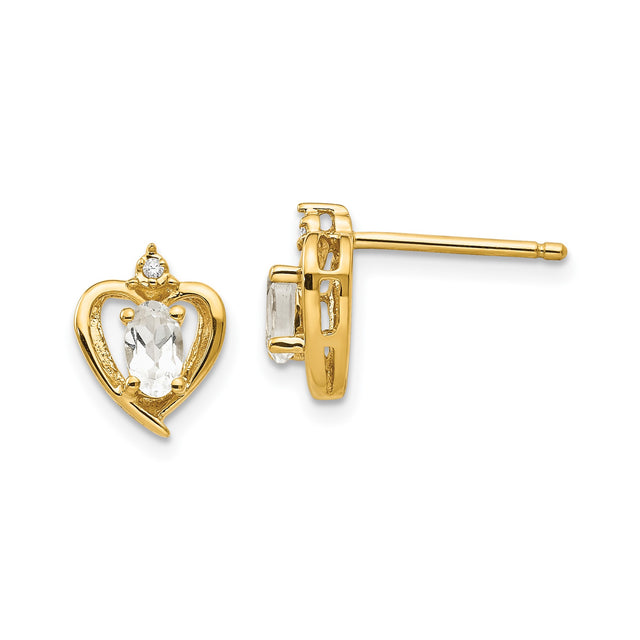 14k Yellow Gold Heart Stud Earrings with Oval White Topaz and Diamond Accent