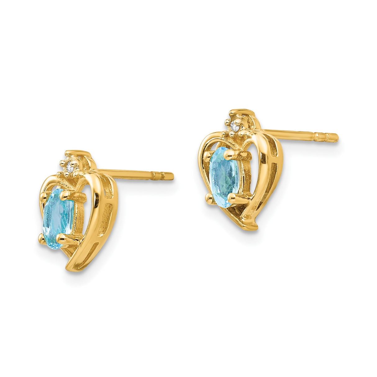 14k Yellow Gold Heart Stud Earrings with Swiss Blue Topaz and Diamond Accents, Crown Motif Design