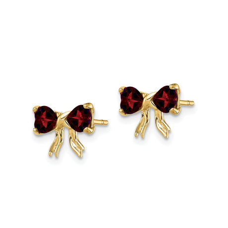 14k Yellow Gold Bow Stud Earrings with Heart-Shaped Garnet, Romantic Heart Design