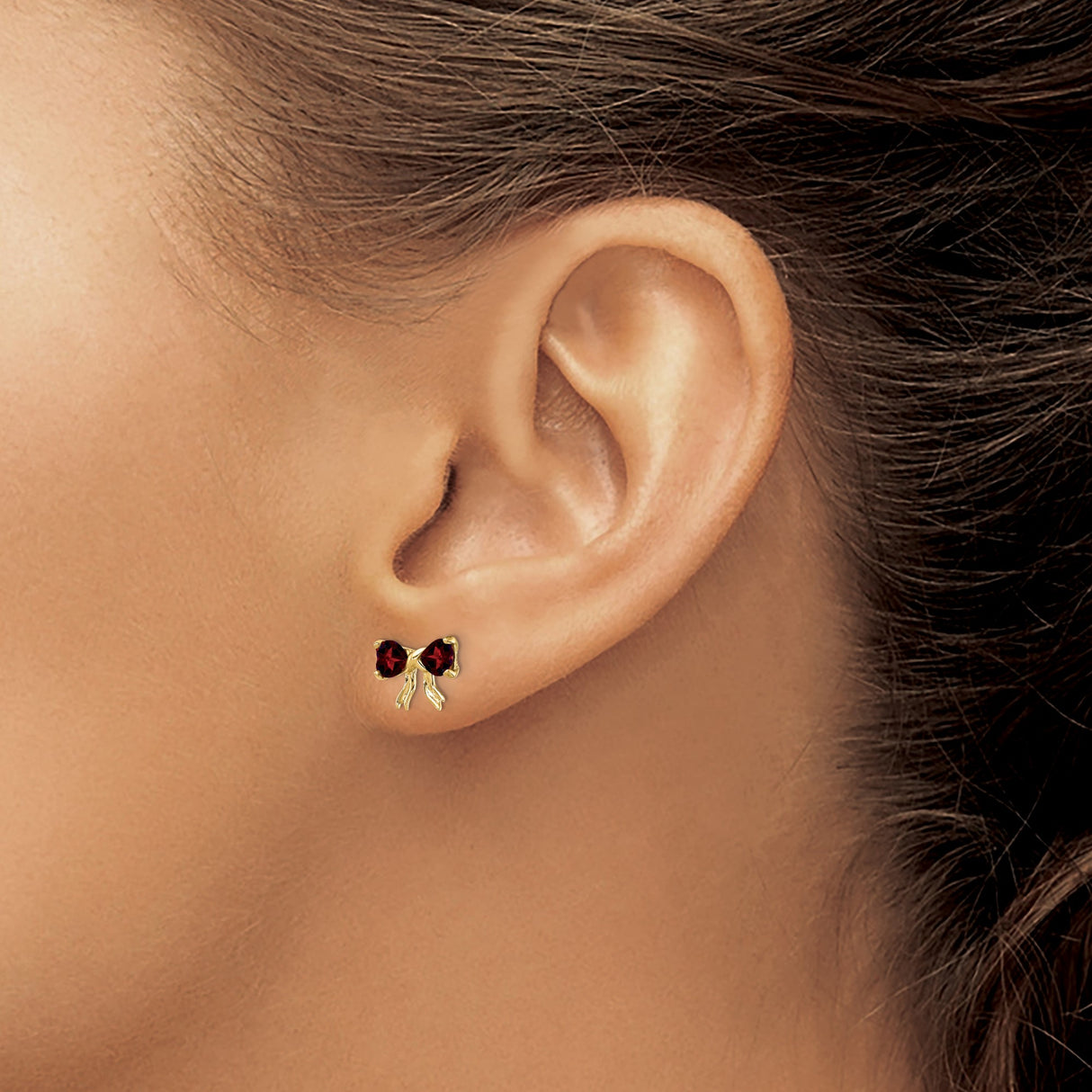 14k Yellow Gold Bow Stud Earrings with Heart-Shaped Garnet, Romantic Heart Design