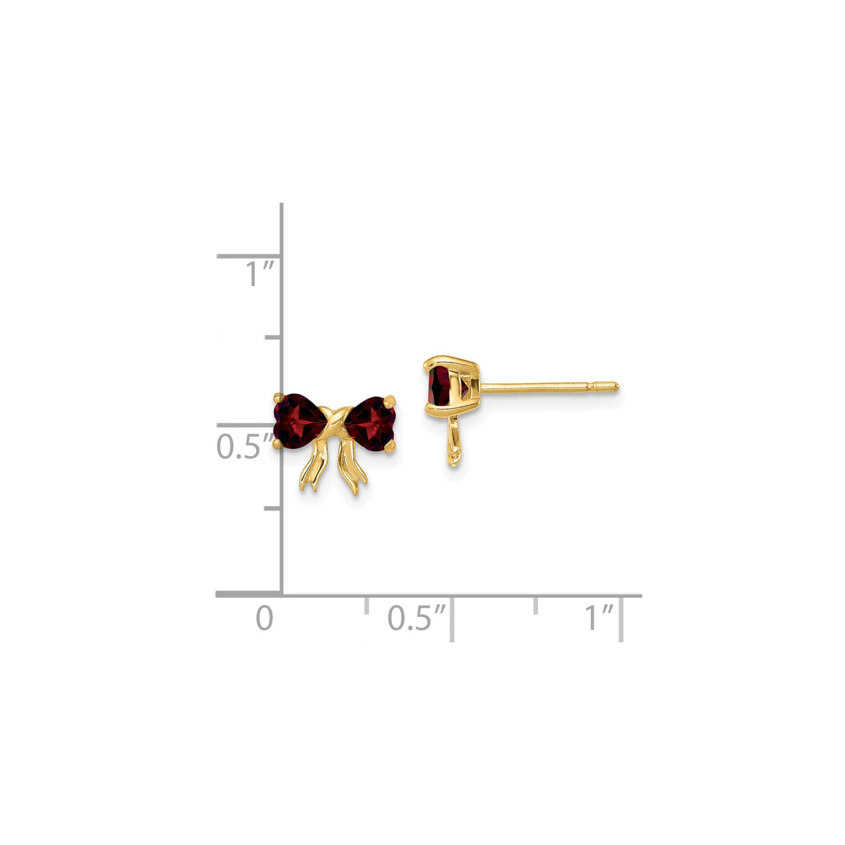14k Yellow Gold Bow Stud Earrings with Heart-Shaped Garnet, Romantic Heart Design