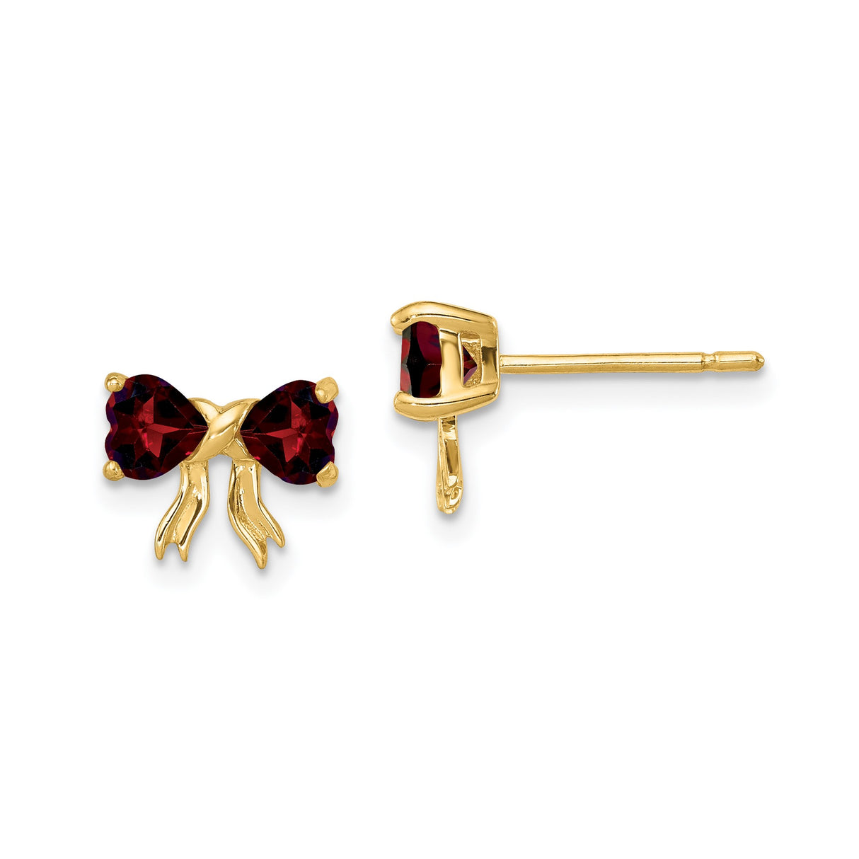 14k Yellow Gold Bow Stud Earrings with Heart-Shaped Garnet, Romantic Heart Design