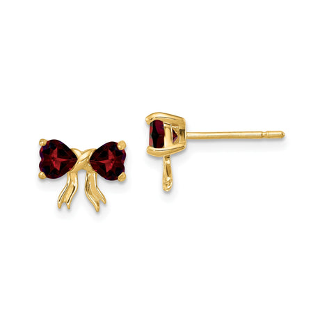 14k Yellow Gold Bow Stud Earrings with Heart-Shaped Garnet, Romantic Heart Design