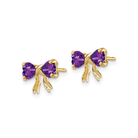 14k Yellow Gold Bow Stud Earrings with Heart-Shaped Amethyst Gemstones for Women