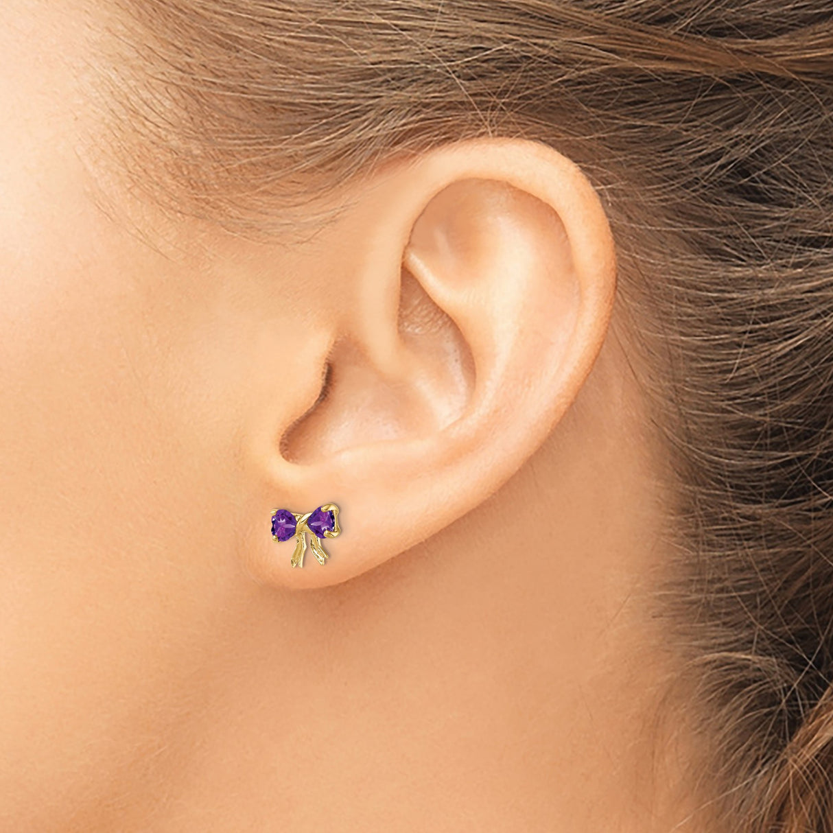 14k Yellow Gold Bow Stud Earrings with Heart-Shaped Amethyst Gemstones for Women