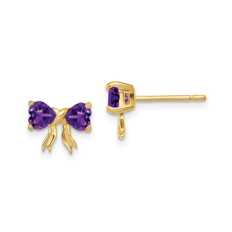 14k Yellow Gold Bow Stud Earrings with Heart-Shaped Amethyst Gemstones for Women