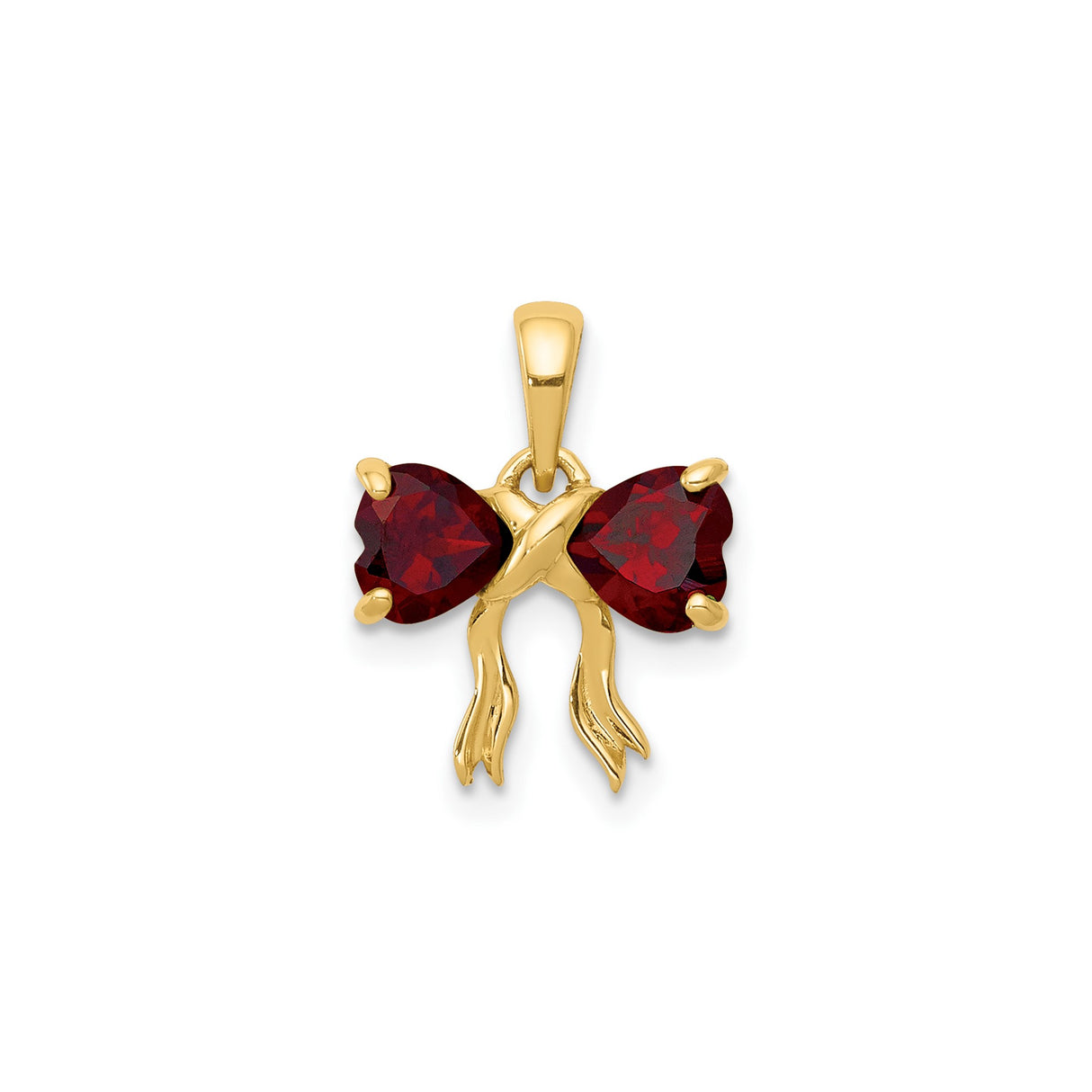 14k Yellow Gold Heart Bow Pendant with Garnet, Romantic Ribbon Design Jewelry for Women