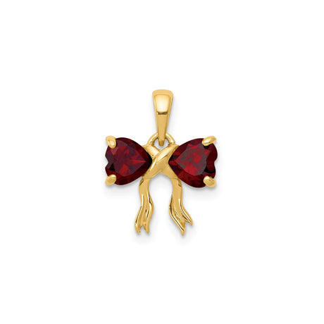 14k Yellow Gold Heart Bow Pendant with Garnet, Romantic Ribbon Design Jewelry for Women