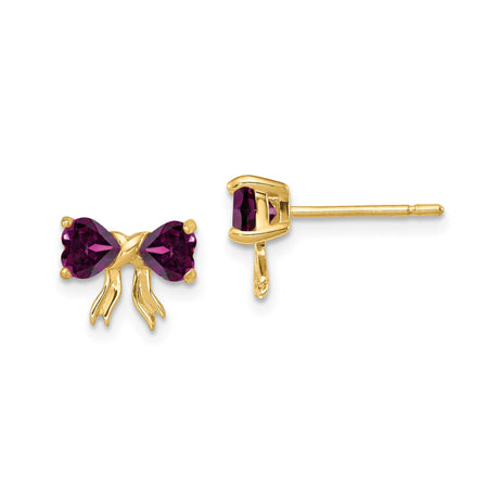 14k Yellow Gold Bow Stud Earrings with Heart-Shaped Rhodolite Garnet, Feminine Dainty Design