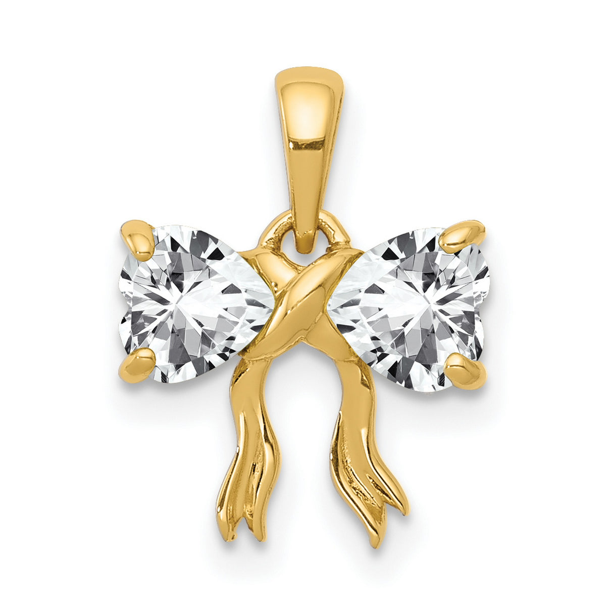 Polished White Topaz Bow Charm Pendant in Real 14k Yellow Gold