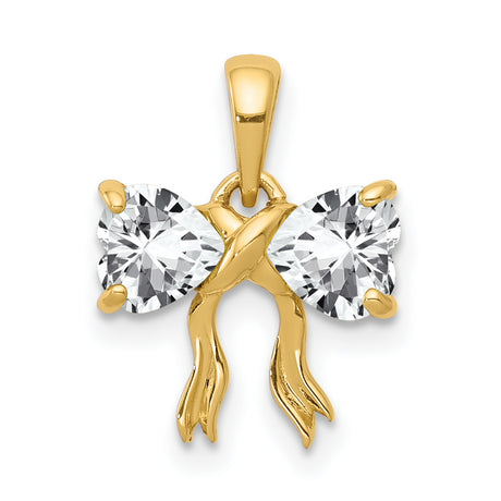 Polished White Topaz Bow Charm Pendant in Real 14k Yellow Gold