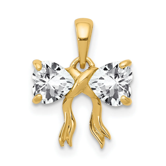 Polished White Topaz Bow Charm Pendant in Real 14k Yellow Gold