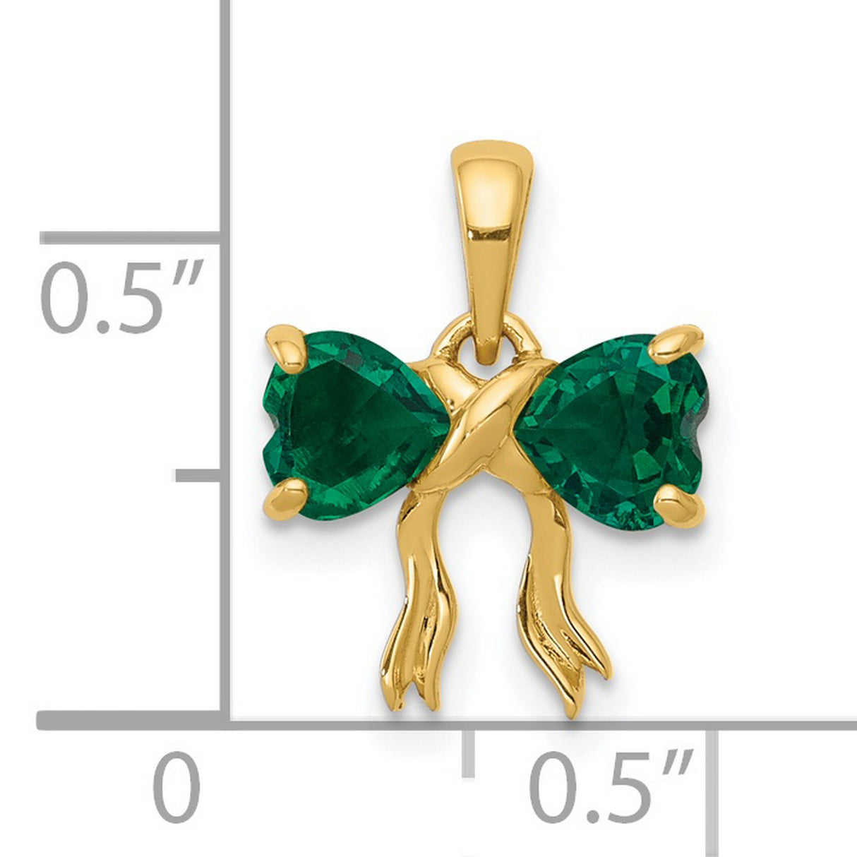 Polished Created Emerald Bow Charm Pendant in Real 14k Yellow Gold