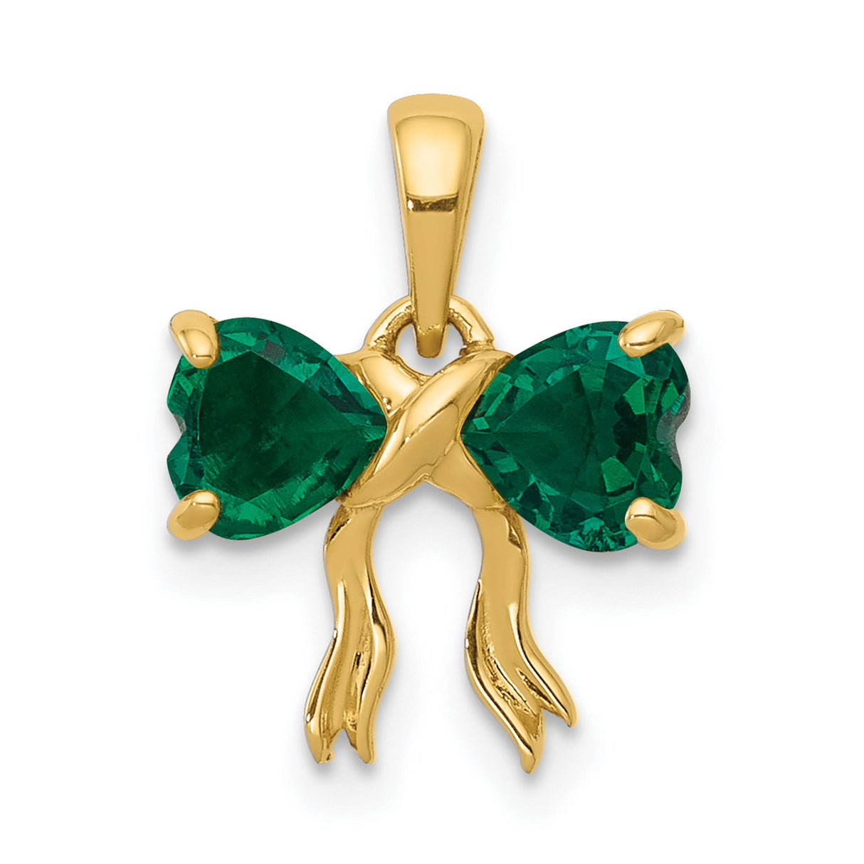 Polished Created Emerald Bow Charm Pendant in Real 14k Yellow Gold
