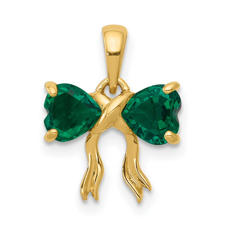 Polished Created Emerald Bow Charm Pendant in Real 14k Yellow Gold