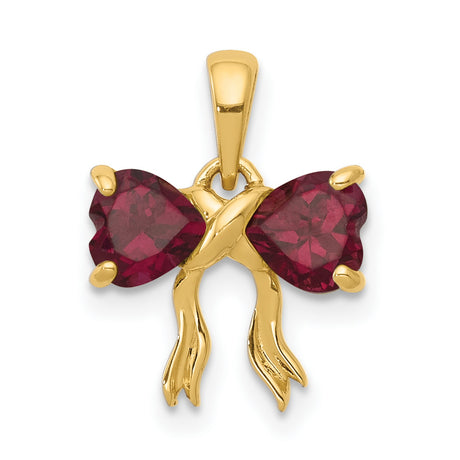 Polished Rhodolite Bow Charm Pendant in Real 14k Yellow Gold
