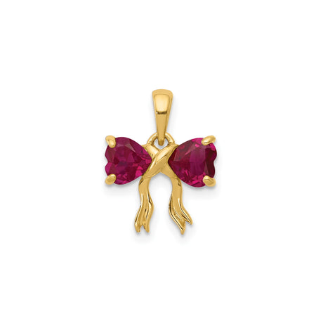14k Yellow Gold Heart Ribbon Pendant with Lab Created Ruby Gemstones, Bow Design