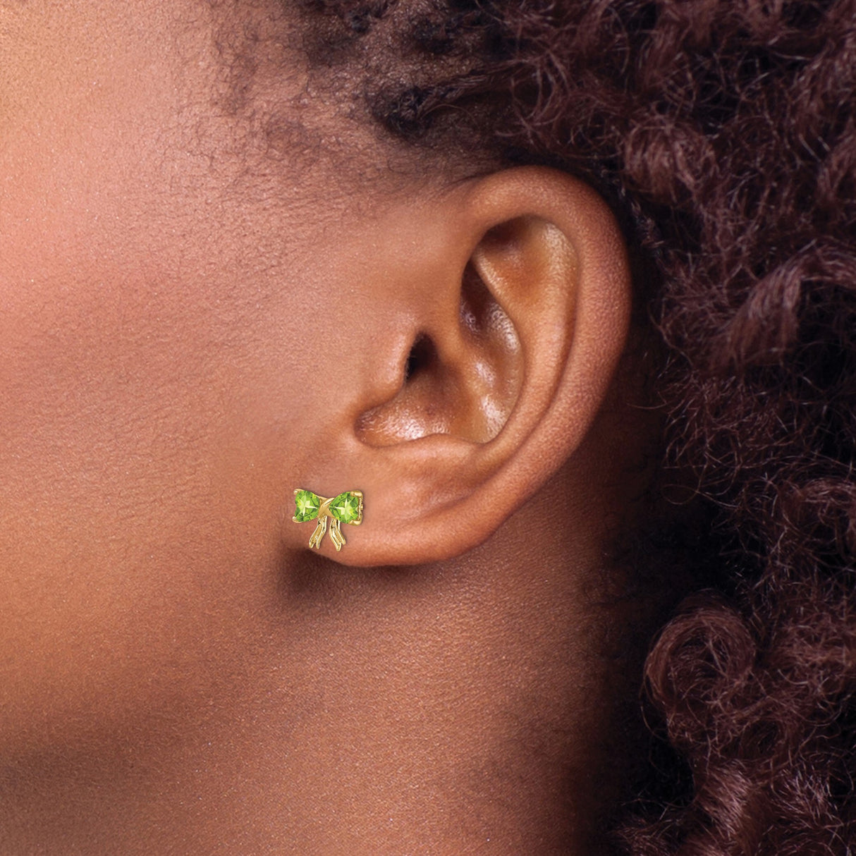 14k Yellow Gold Bow Stud Earrings with Heart-Shaped Peridot Gemstones for Women