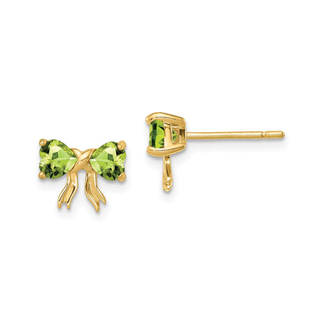 14k Yellow Gold Bow Stud Earrings with Heart-Shaped Peridot Gemstones for Women