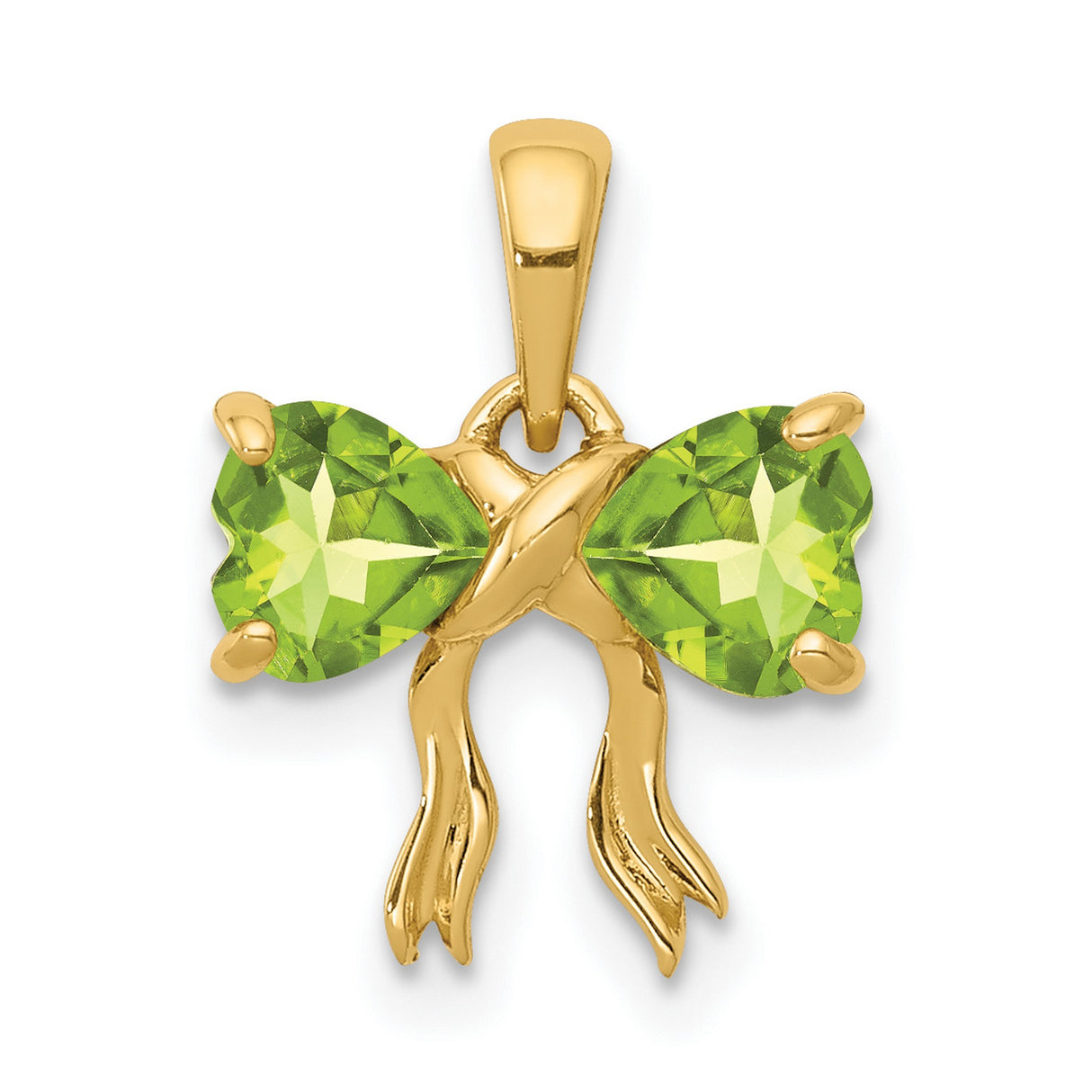 Polished Peridot Bow Charm Pendant in Real 14k Yellow Gold