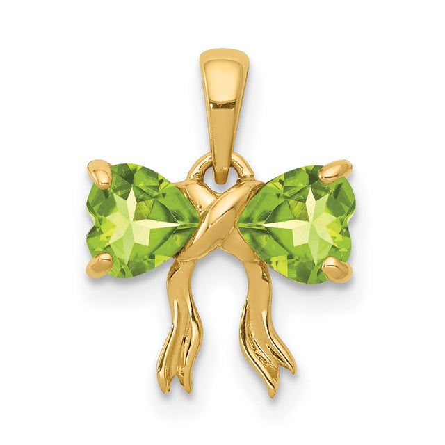 Polished Peridot Bow Charm Pendant in Real 14k Yellow Gold