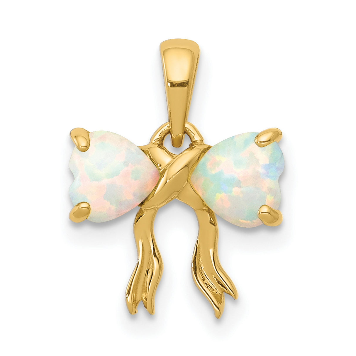 Polished Created Opal Bow Charm Pendant in Real 14k Yellow Gold