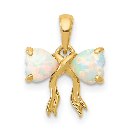Polished Created Opal Bow Charm Pendant in Real 14k Yellow Gold