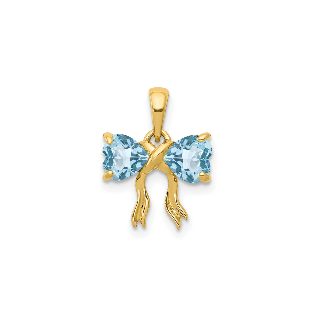 14k Yellow Gold Bow Pendant with Heart Shaped Swiss Blue Topaz, Romantic Charm for Women