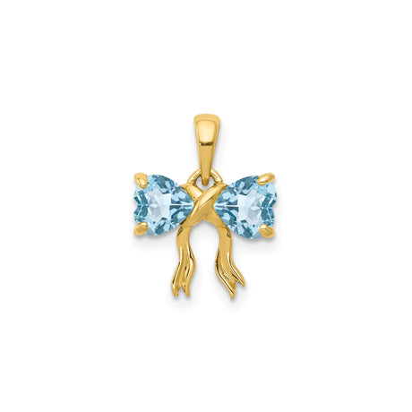 14k Yellow Gold Bow Pendant with Heart Shaped Swiss Blue Topaz, Romantic Charm for Women