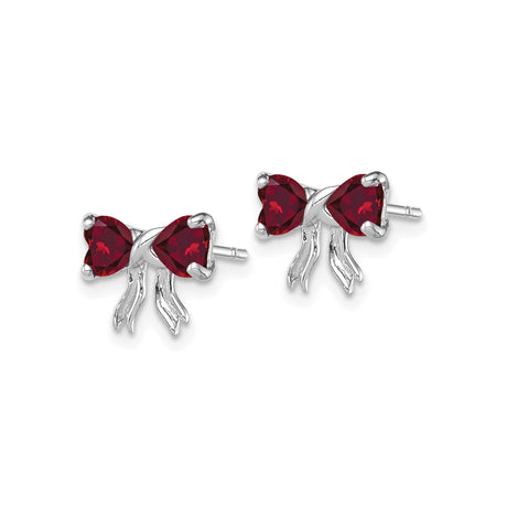 14k White Gold Bow Stud Earrings with Heart Shaped Created Ruby Gemstones for Women and Girls