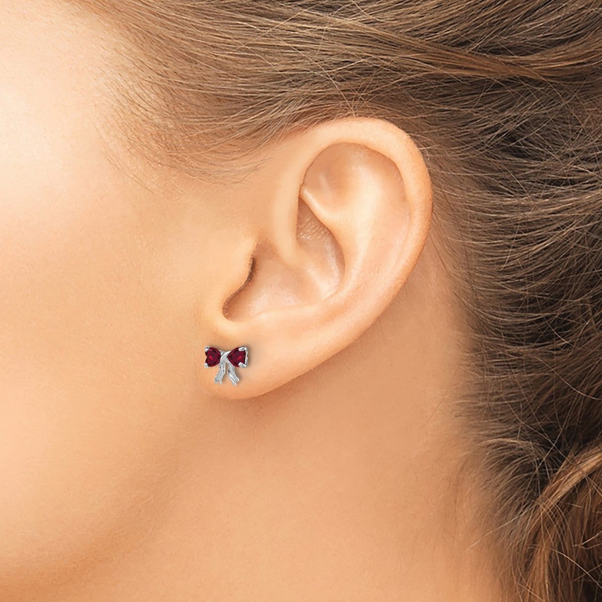 14k White Gold Bow Stud Earrings with Heart Shaped Created Ruby Gemstones for Women and Girls