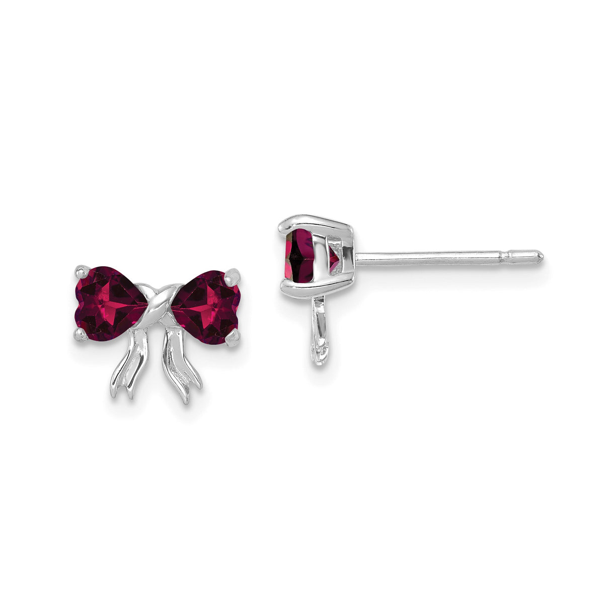 14k White Gold Bow Stud Earrings with Heart Shaped Created Ruby Gemstones for Women and Girls