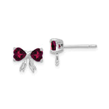 14k White Gold Bow Stud Earrings with Heart Shaped Created Ruby Gemstones for Women and Girls
