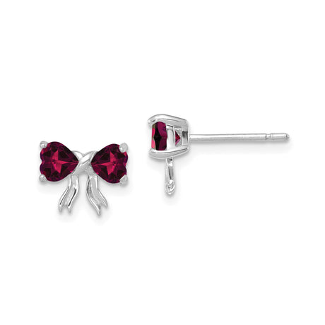 14k White Gold Bow Stud Earrings with Heart Shaped Created Ruby Gemstones for Women and Girls