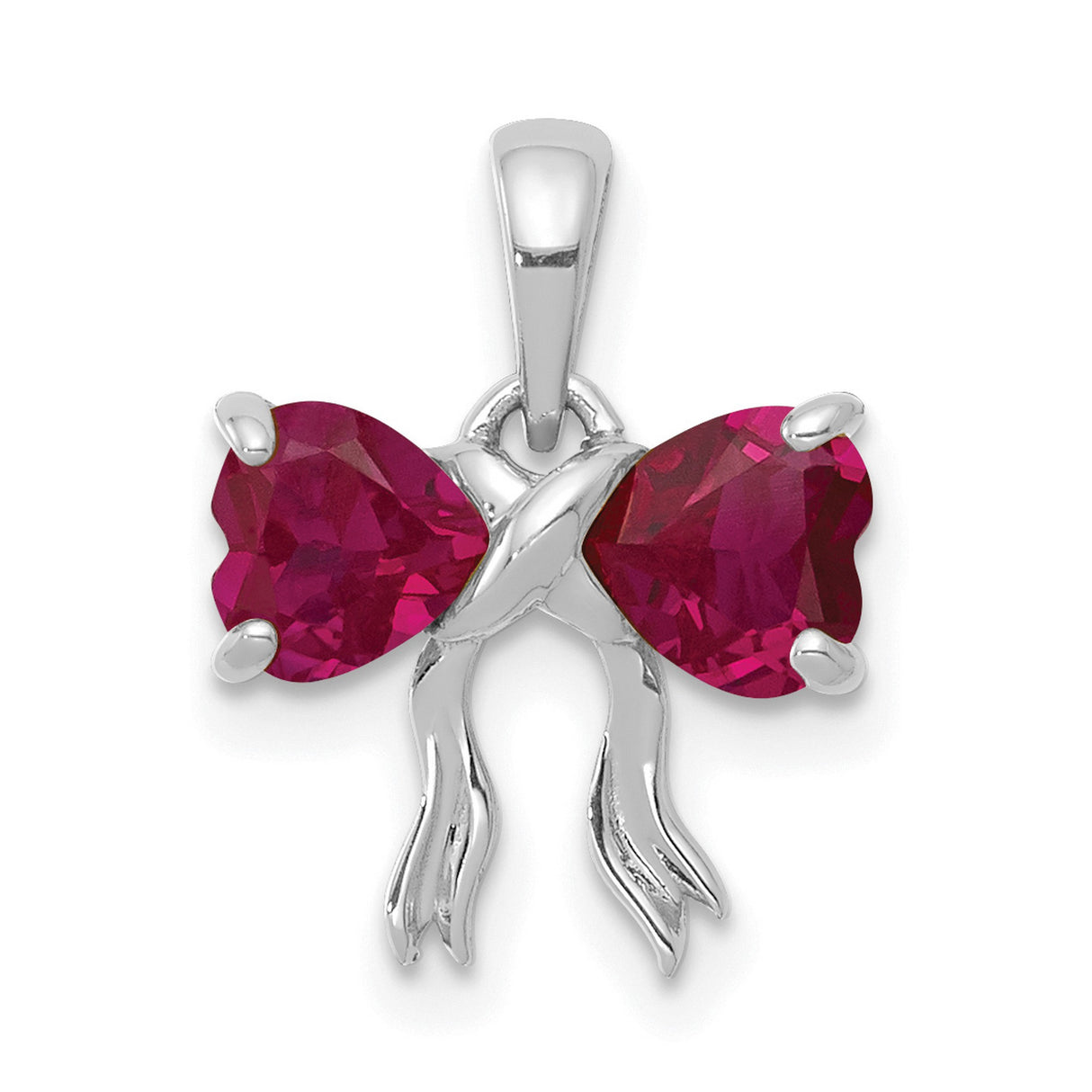 Polished Created Ruby Bow Charm Pendant in Real 14k White Gold