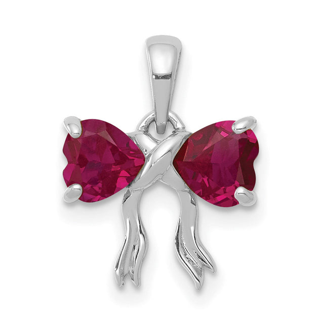 Polished Created Ruby Bow Charm Pendant in Real 14k White Gold