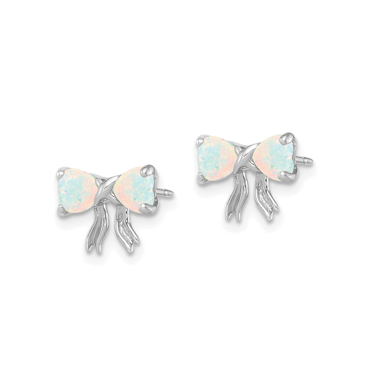 14k White Gold Bow Stud Earrings with Heart Shaped Created Opal Stones for Women