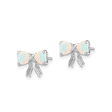 14k White Gold Bow Stud Earrings with Heart Shaped Created Opal Stones for Women