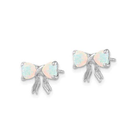 14k White Gold Bow Stud Earrings with Heart Shaped Created Opal Stones for Women