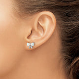 14k White Gold Bow Stud Earrings with Heart Shaped Created Opal Stones for Women