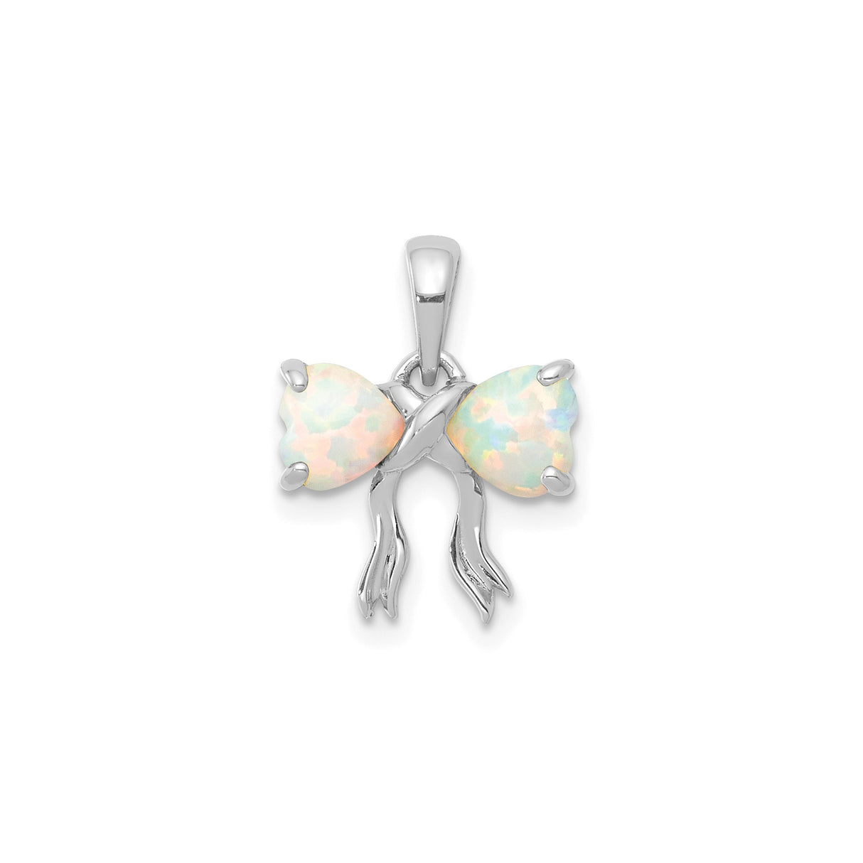 14k White Gold Pendant with Heart-Shaped Lab Created Opal, Double Heart Ribbon Design