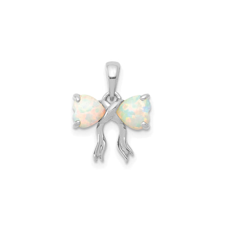 14k White Gold Pendant with Heart-Shaped Lab Created Opal, Double Heart Ribbon Design