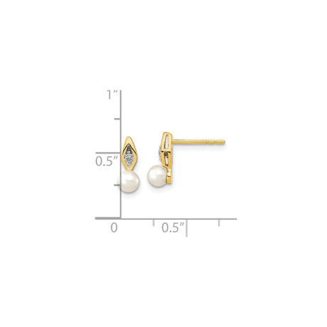 14k Yellow Gold Stud Earrings with Cultured Pearls and Diamond Accents, Marquise Setting